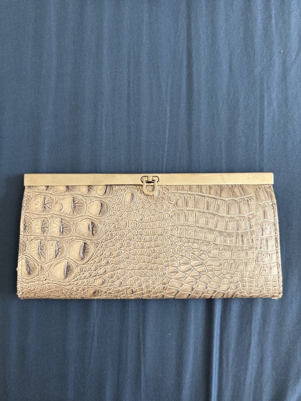 Croc-Embossed Cream Leather Clutch with Gold Frame